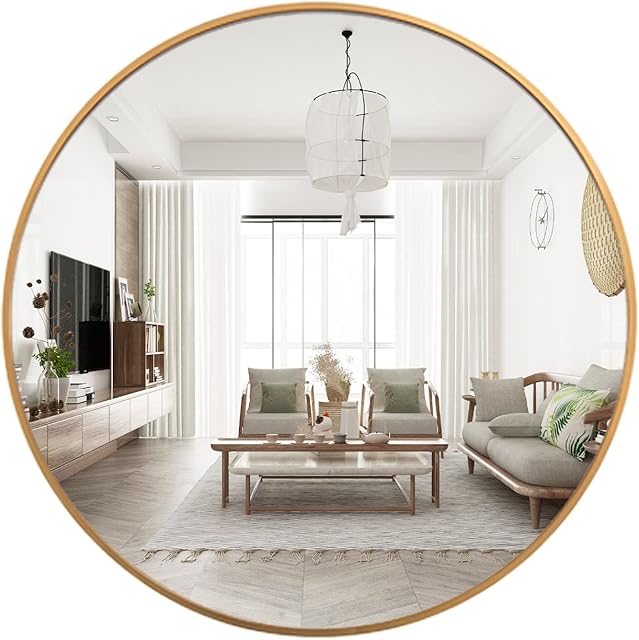 FANYUSHOW Round Mirror for Wall Mounted Metal Framed Circle Mirror 50 cm Gold Round Mirror for Bathroom, Bedroom, Living Room