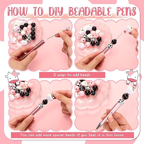 Miniatura 4 de Geyee Juego de 12 bolígrafos de plástico con cuentas, bolígrafos de cuentas surtidas, juego de espaciadores redondos de madera de cristal, tinta