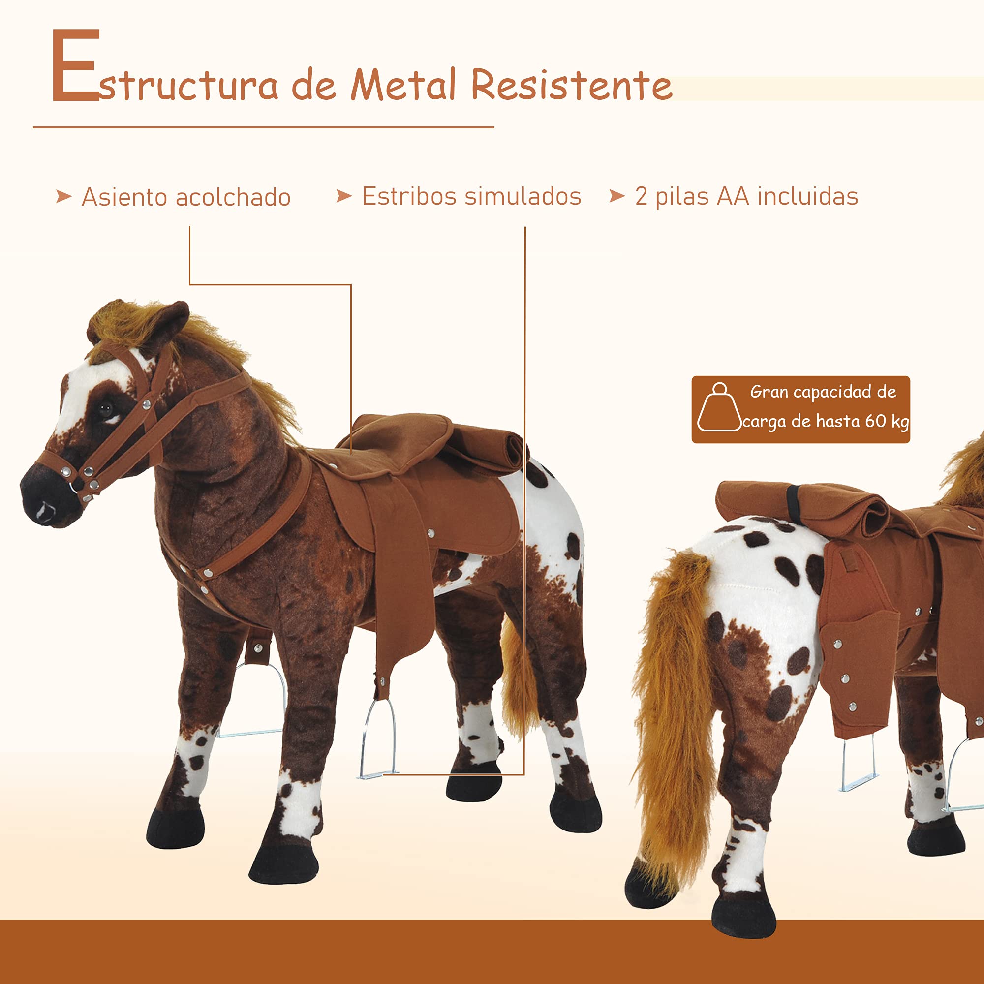 HOMCOM Caballo de Juguete Niños Mayores de 2 Años con Silla Sonidos Realistas y Estructura de Metal Carga 60 kg 85x28x60 cm Marrón