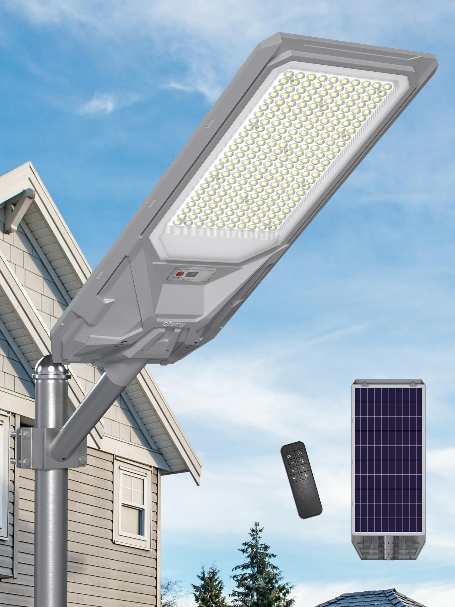 Ofuray Of-9000W Solar Straßenlaterne für Außen, Solarlampen mit Bewegungssensor, 6500k Led Solarstrahler Dämmerung bis zum Morgengrauen, IP67 Wasserdichte Flutlicht Aussen für Gärten Garage
