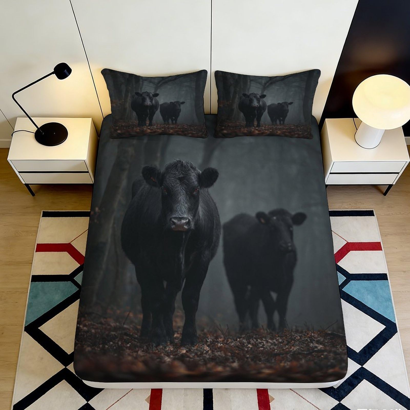 Jxqhbvmg Style-2 3D Printed Black Cow Fitted Sheet Microfiber Deep Pocket Bedroom Bedding Non-Slip Black Cow Mattress Fitted Cover 90X200x25cm