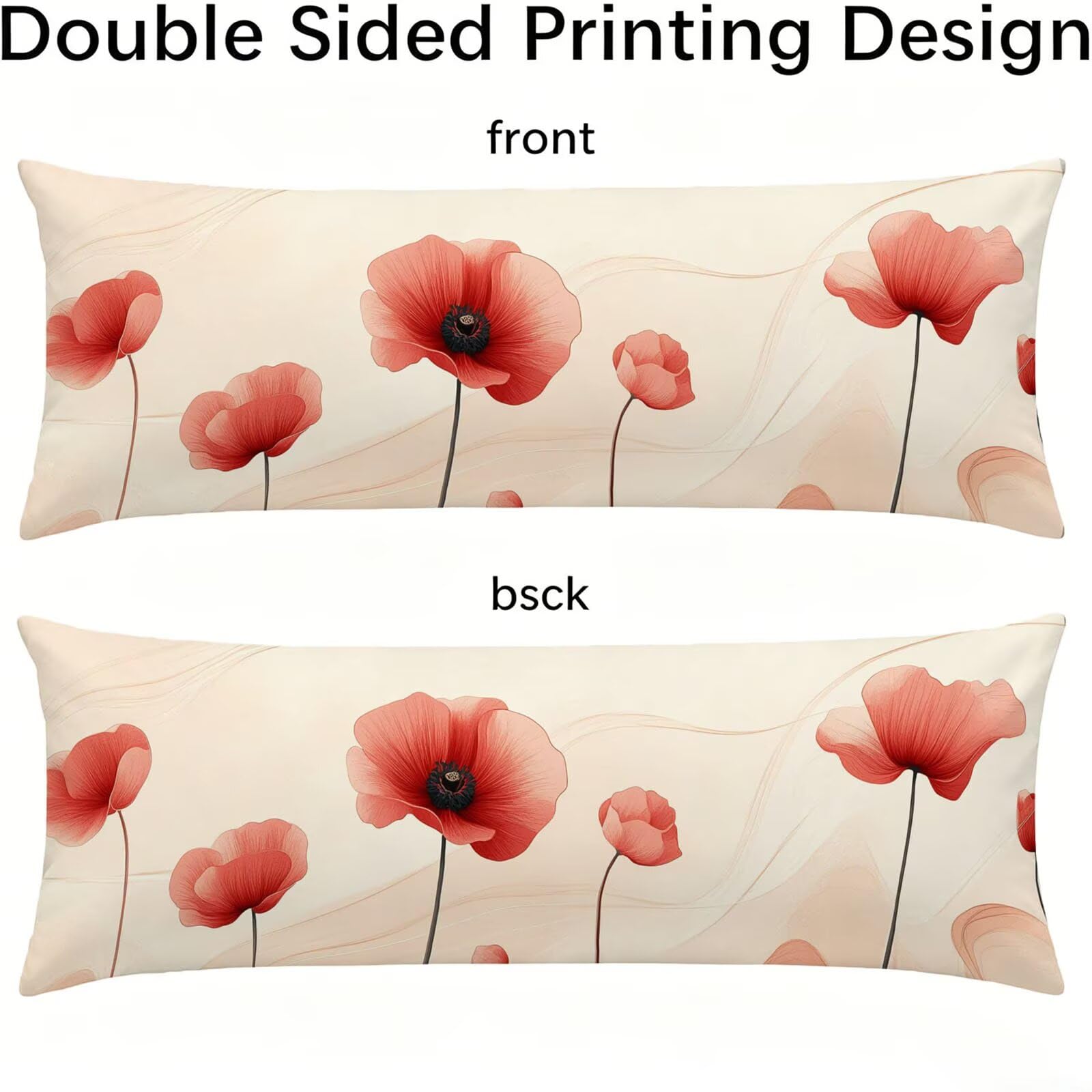 Funda de Almohada 60 x 180 cm Flor Protector Almohada 180 cm con Cremallera Invisible, Lino Durable y Transpirable Pillow Case Largas Rojo Impresión a Doble Cara para Cama, Sofá y Dormitorio dg-126