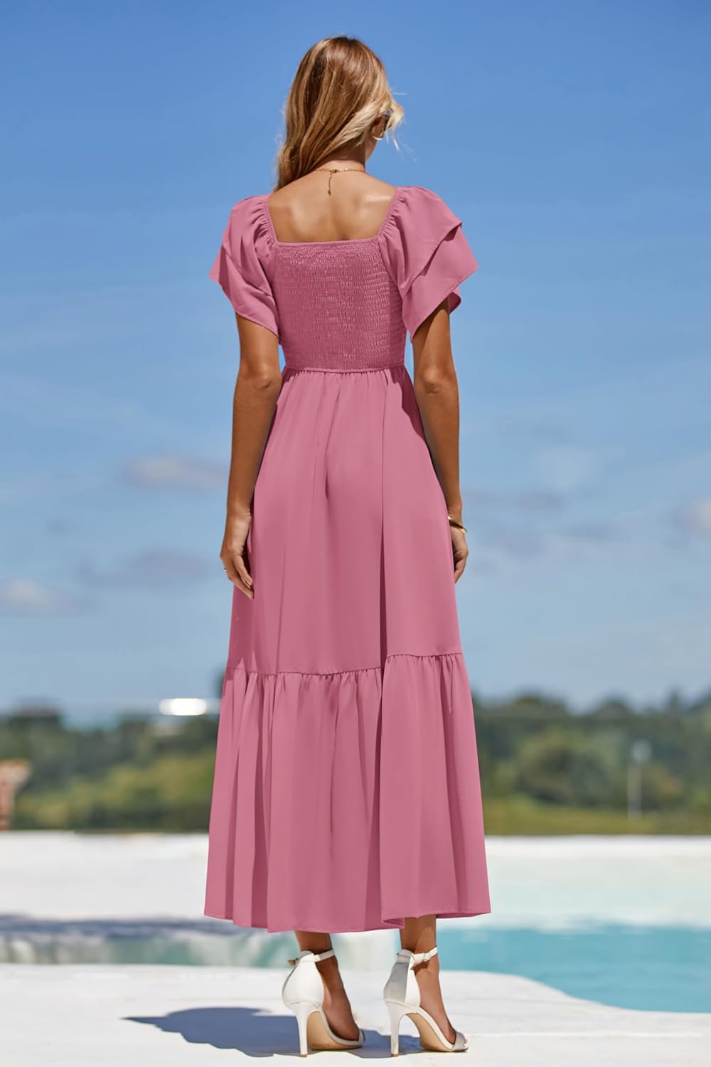 MASCOMODA Womens Summer Casual Midi Dress Square Neck Ruffle Short Sleeve Smocked High Waist A Line Wedding Guest Dresses - Image 7