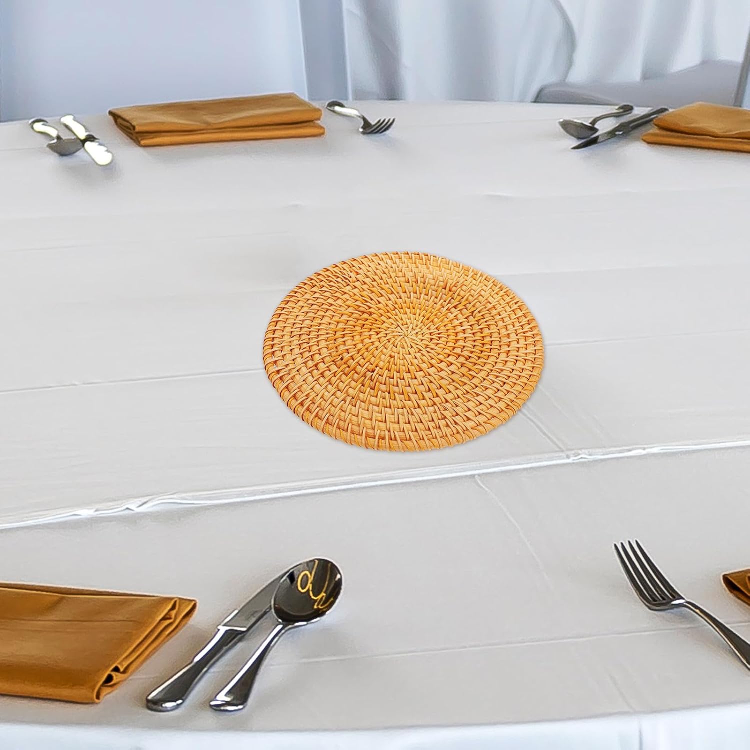 4pcs Rattan Hot Pan Mats and Boho Coasters for Dining Table Decor, Dependable Heat Resistant Wooden Trivets Protecting Countertops and Tables