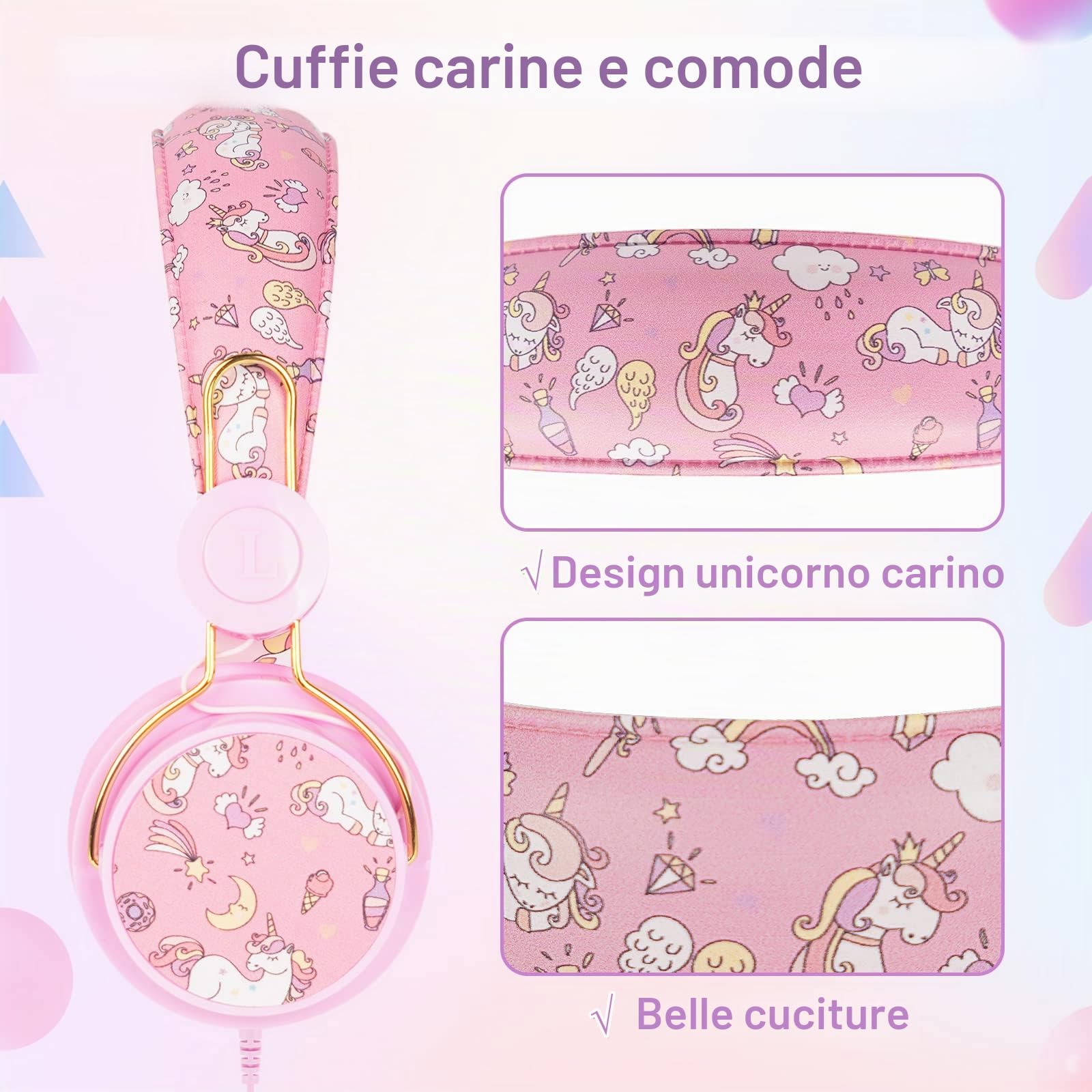 JYPS Cuffie Bambina, Cuffie Per Bambini Unicorno Con Filo e Microfono, Suono HD Stereo, Musica Bambino Headphones Over Ear Pieghevoli Per Ragazza, per Scuola/Tablet/PC