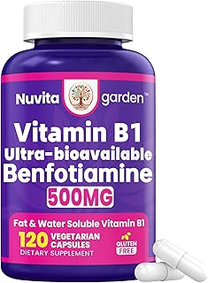 Benfotiamine 500mg + 20mg Vitamin B1, 120 Veggie Capsules, High Potency Fat Soluble Essential Vitamin B1 Thiamine Supplement, Supports Overall Health, Non-GMO, Gluten Free