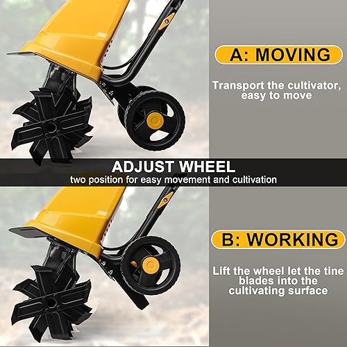 Miniatura 6 de Garden Rototiller - Cultivador eléctrico con cable de 12 pulgadas y 10.5 amperios, ruedas ajustables, profundidad de labranza de 8 pulgadas,