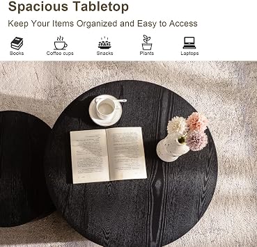 Modern Round Nesting Coffee Table Set 2Pc, Coffee Tables for Living Room Round Drum, Wood Circle Embossed Crescent Design for Office, Balcony, Bedroom,Black
