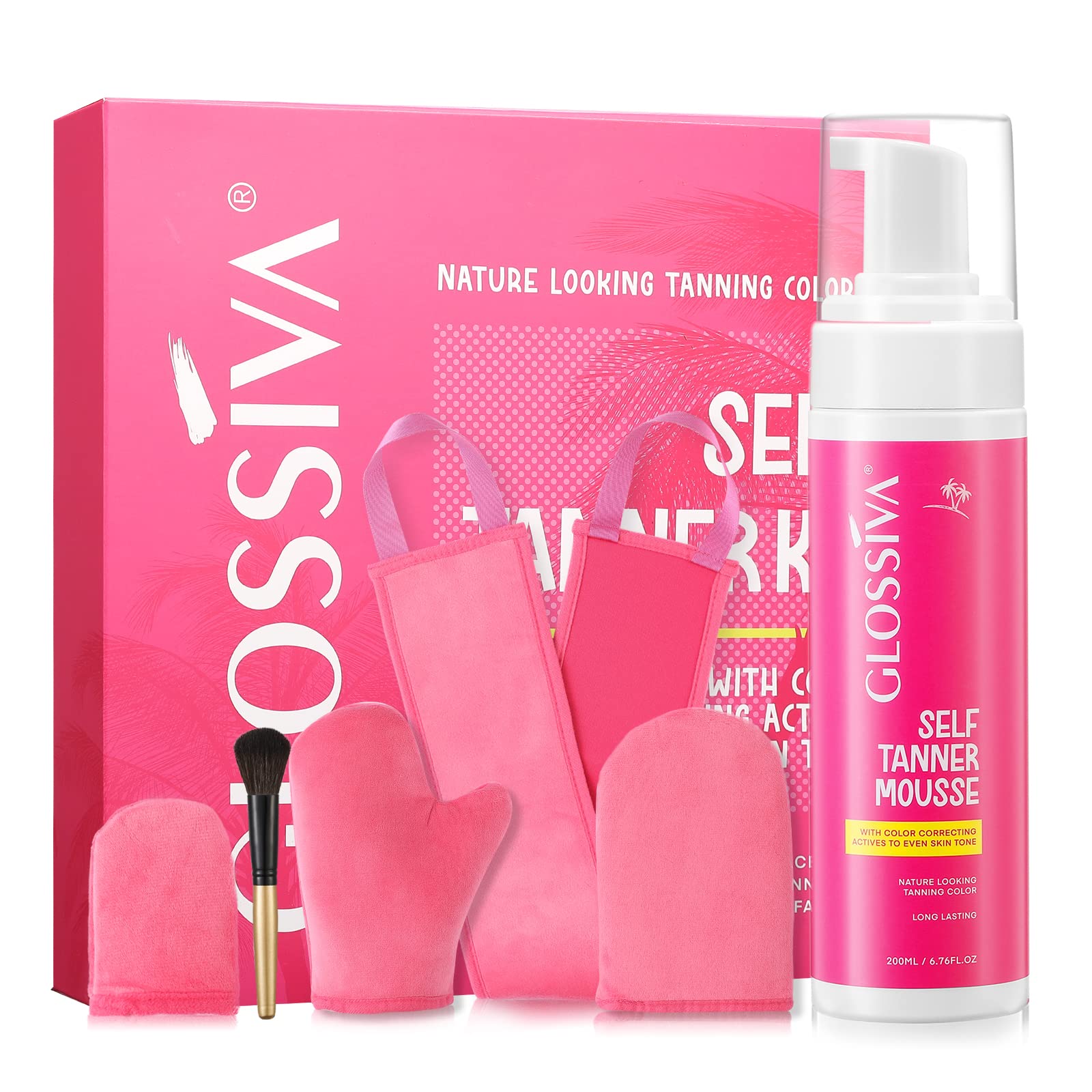 Self Tanner Mousse Kit with Self Tanner Mitt，100% Natural Vegan Self Tanning Mousse Medium to Dark for Sunkissed Glow With Ultra Moisturizing Self Tan Formula, Organic Sunless Tanner With Tanning Glove and Self Tanner Brush