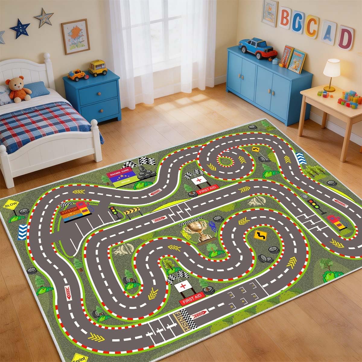 Kids Rug, Race Track Playmat Rugs 47×31 in Kids Carpet with Rubber Backing, Start and Finish line Racing Track Marking Car Road Race 3D Play Mat Nursery Rugs for Children Bedroom Playroom