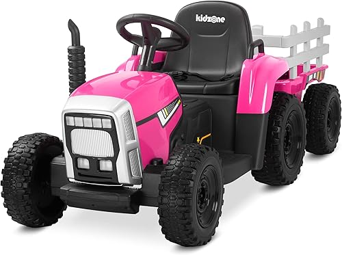 Kidzone Tractor eléctrico alimentado por batería para niños con remolque para montar en el suelo con 2 velocidades luces LED USB y Bluetooth Audio