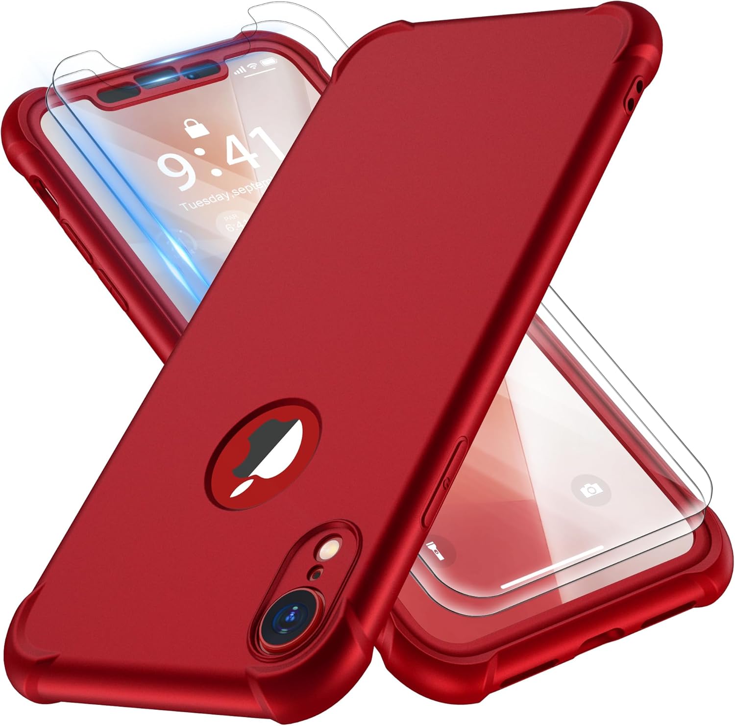 Product image of ORETECH for iPhone XR Case, with [2 x Screen Protectors] [10 Ft Military Grade Drop Test] [Camera Protection] 360° Shockproof Slim Thin Phone Case iPhone XR Cover 6.1" - Red