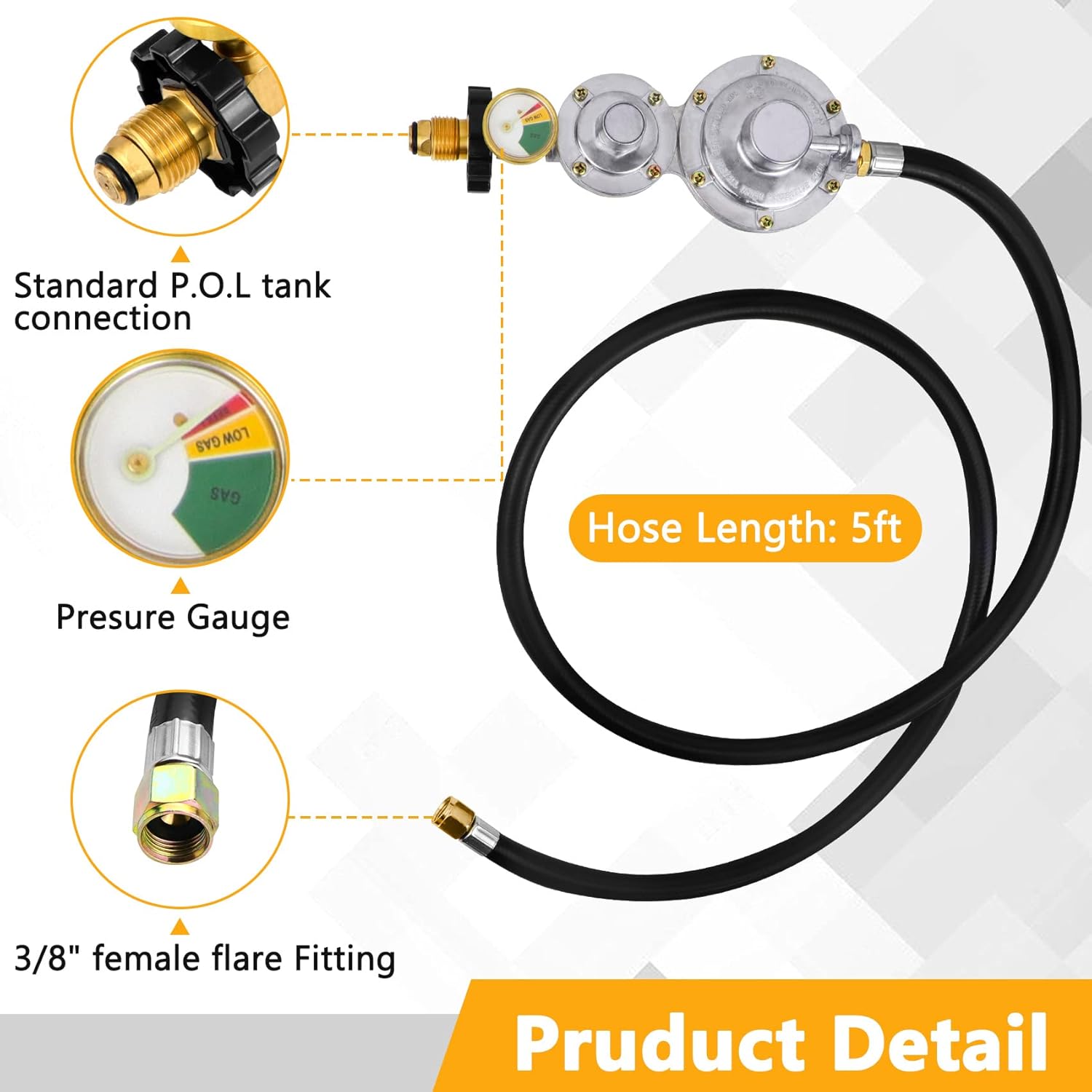 Azdele Upgraded Two Stage Propane Regulator with 5ft Hose and Gauge, Standard P.O.L Tank Connection, 3/8in Female Flare Fitting for Grill, Heaters, Fire Pit, Gas Generator/Stove/Range-CSA Certified