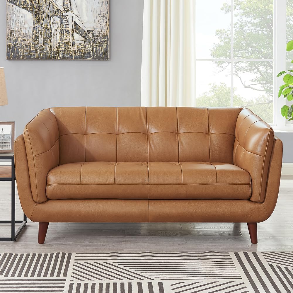 Hydeline Solana Top Grain Leather Loveseat, Cinnamon Brown, Feather Down, Memory Foam and Springs Seating