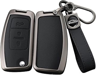 ontto キーフォブケース フォードフリップ折りたたみキーリモコン用、スタイリッシュな車のキーホルダーメタルキーシェルレザーキースキン EcoSport Fiesta Focus Galaxy Mondeo S-Maxカーアクセサリーと互換性があり、ブラック