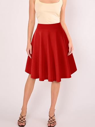 Women's Elegant Elastic Waist Flared A-line Midi Skirt Basic Uniform Pleated Skater Skirts