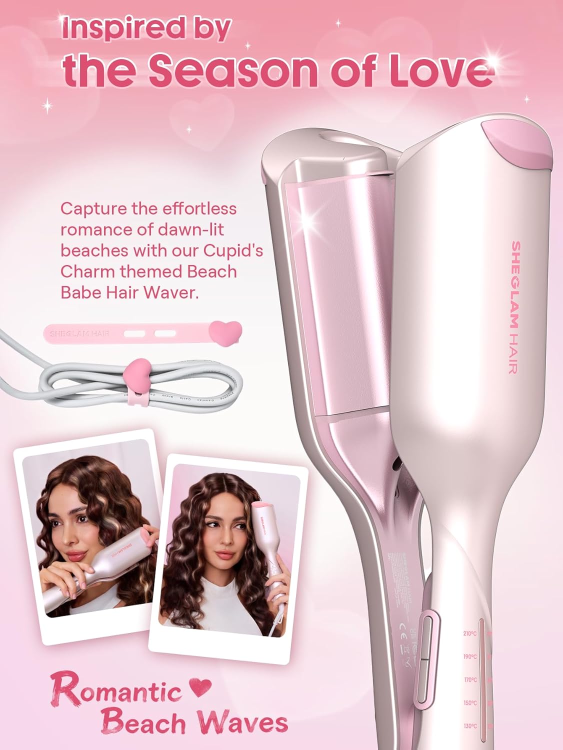 SHEGLAM Pink 1 Inch Hair Waver for Women - Double Barrel Crimper Tool for Mermaid Beach Waves, Lightweight with Smart Timer & Adjustable Temps, Dual Voltage Anti-Scald Easy to Use for Short Hair