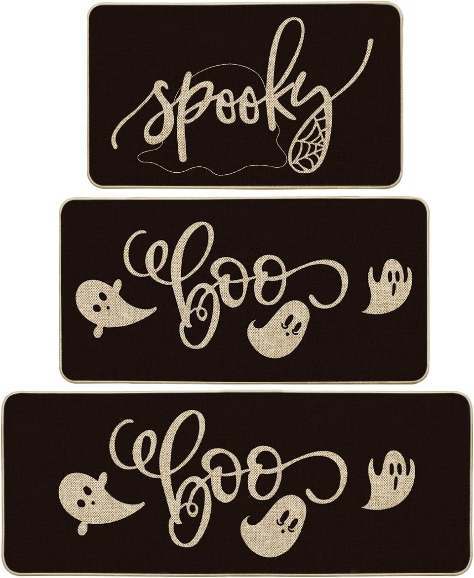 Artoid Mode Spooky Spider Web Ghosts Boo Halloween Kitchen Mats Set of 3, Home Decor Low-Profile Kitchen Rugs for Floor - 17"x29"+17"x36"+17"x47" 17" x 29" /17" x 36" /17" x 47" Black