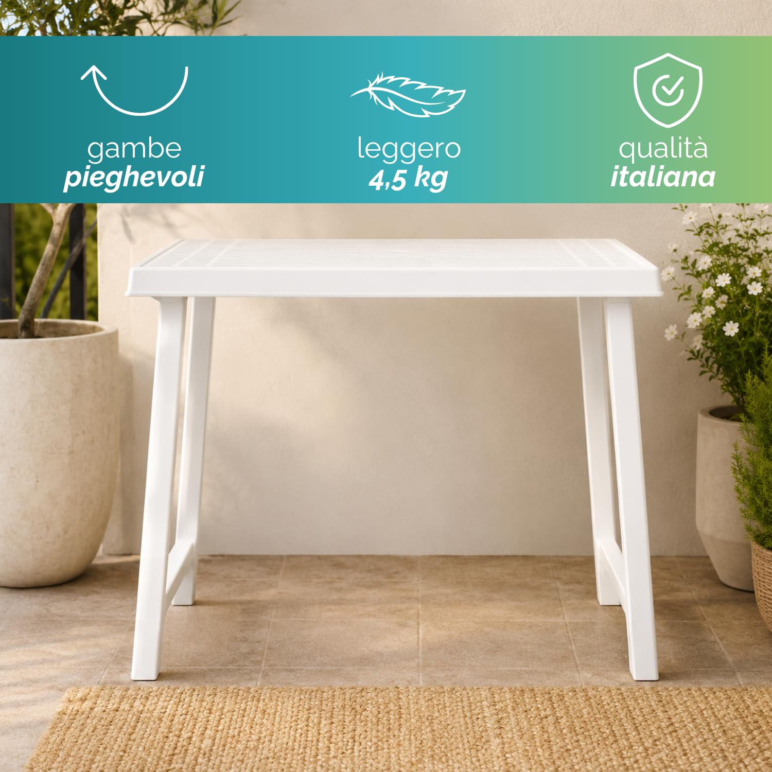 PALUPLUS Tavolo Rettangolare da Giardino in Plastica colore Bianco, Misura 81x56x63 cm, Salvaspazio Facile da Riporre, Tavolino da Campeggio, Terrazzo, per Esterno ed Interno -NIK106F