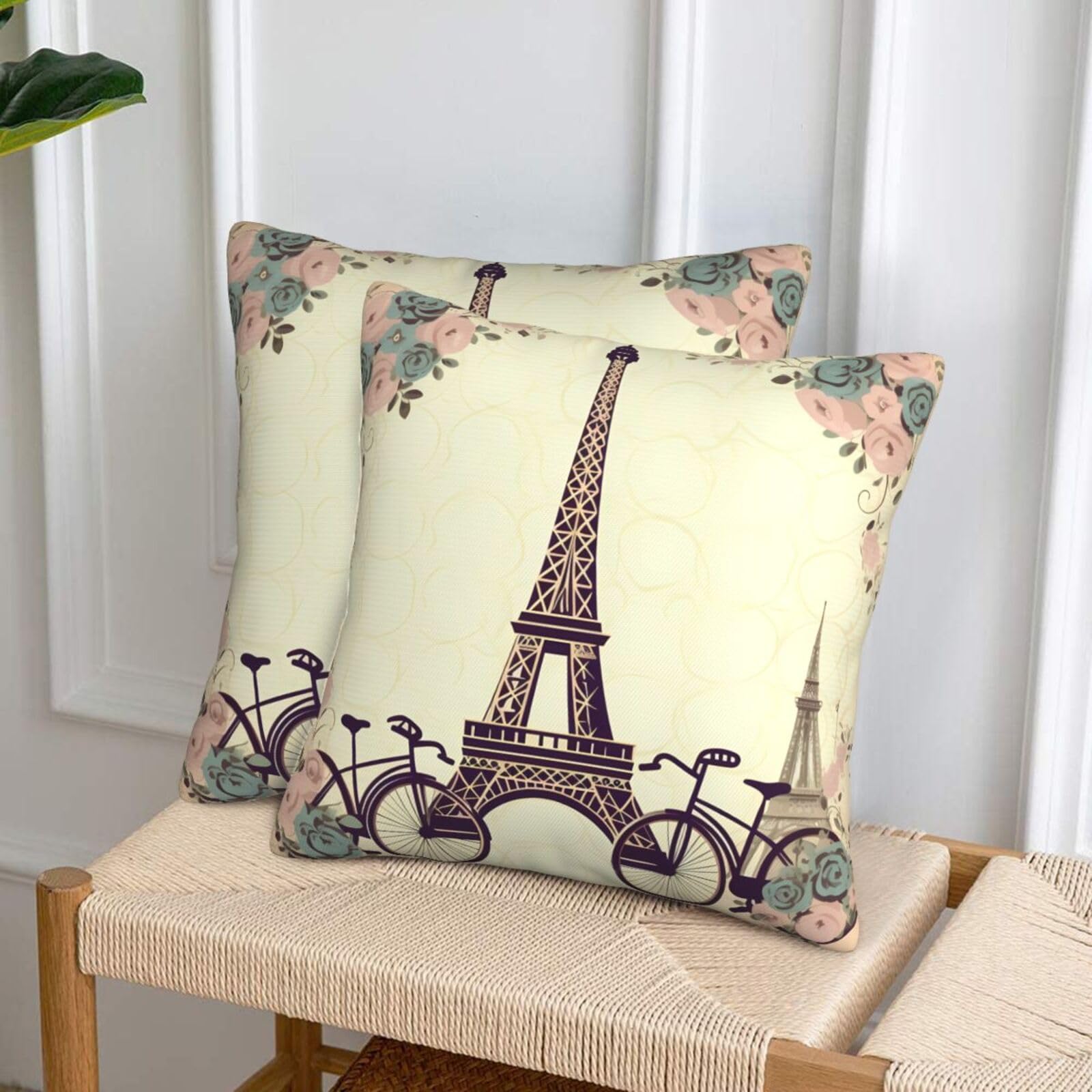 NONHAI Decorative Throw Pillow Covers Set of 2, 20"x20" Square Cushion Case Soft Comfy Eiffel Tower Bicycle Throw Pillows for Couch Cushion Livingroom Farmhouse Home Decor Pillowcases