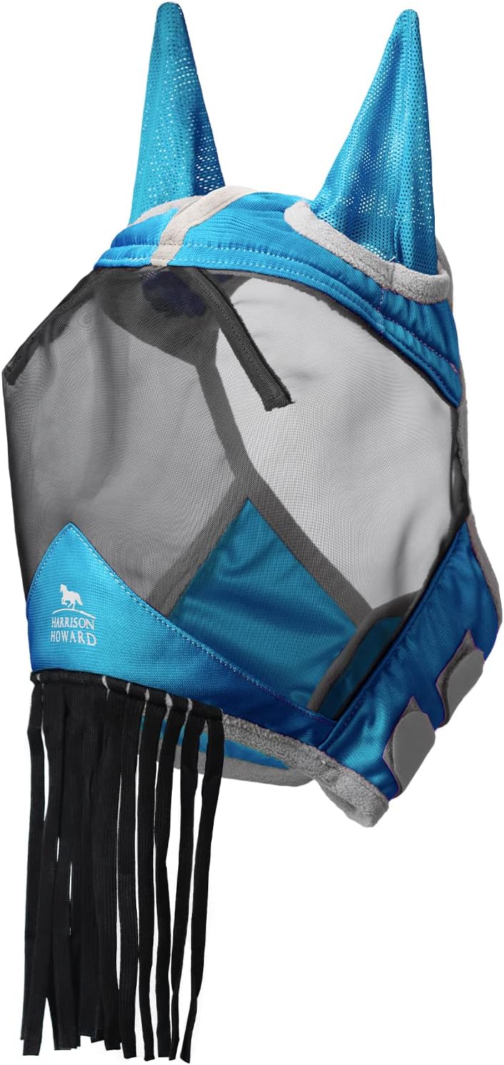 Harrison Howard CareMaster Horse Fly mask with Ears and Nose Fringe Fly Protector Defender Mask-Sky Blue : Pet Supplies