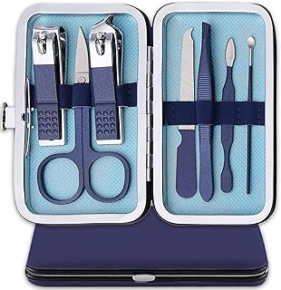 Nail Clipper Manicure Set, 7 In 1 Stainless Steel Professional Pedicure Kit Nail Scissors Grooming Kit with Black PU Leather Case for Travel & Home Use (Blue Leather)