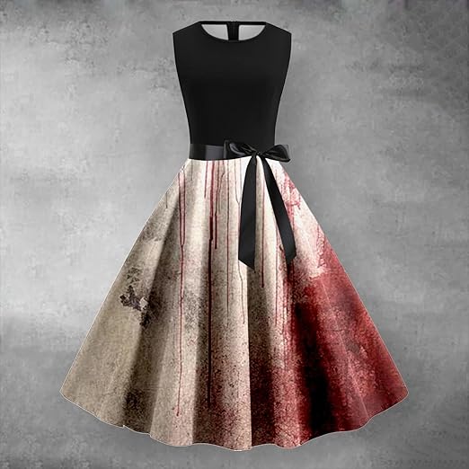 Halloween Damenkleid Blutig Weiß - Ärmelloses Rockabilly Partykostüm