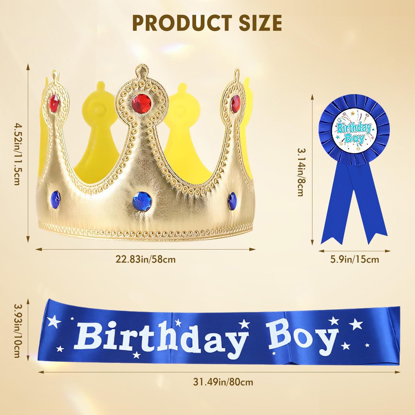 Hnnyyie 3 Pieces Crown, Sash and Pin Set for Boys Birthday Party Decorations and Accessories