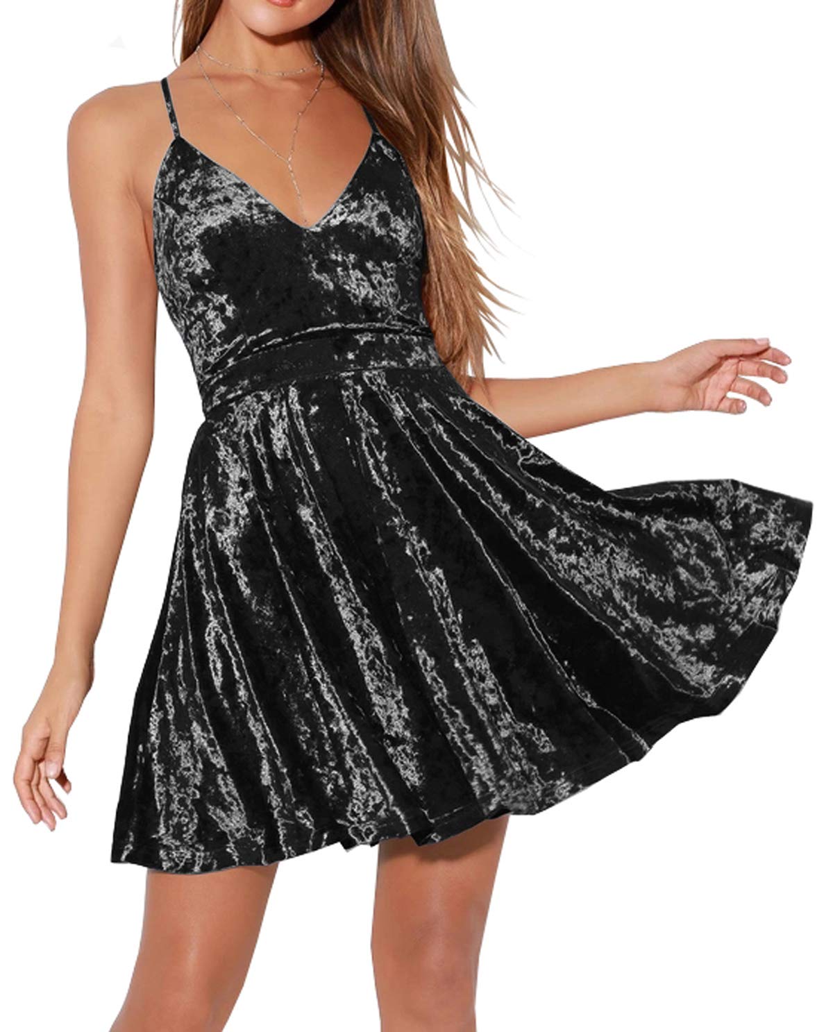 R.Vivimos Women's Crushed Velvet Swing Skater Mini Dress