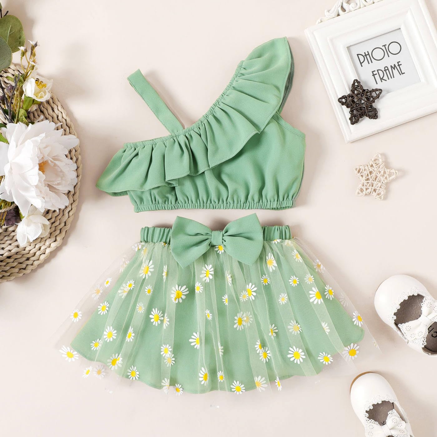 Viva Enterprise Latest Stylish Fancy Baby Girls Pista Green Pure Viscos Cotton Rayon Crop With Floral Printed Top & Skirt, 2-3 Year