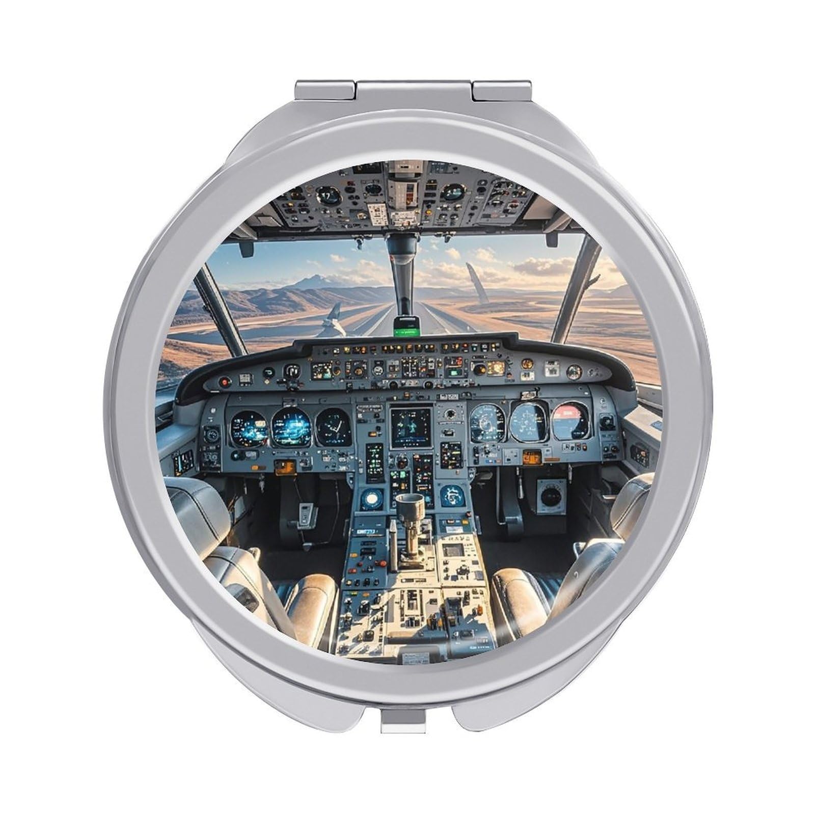 FekiLoot Airplane Cockpit Travel Makeup Mirror for Women Folding Portable Hand Compact Mirrors Small Round Vanity Mirror 1X/2X Magnifying Metal Pocket Makeup Mirrors