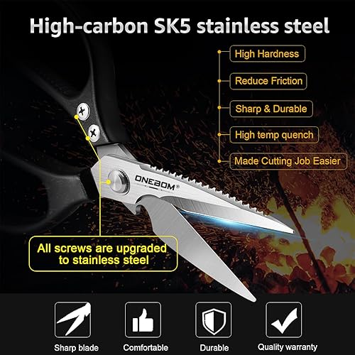 Miniatura 8 de ONEBOM - Tijeras de cocina, tijeras de cocina resistentes con hoja dentada para cortar carne, alimentos, pescado, aves de corral, accesorios de