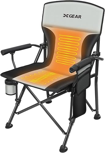 XGEAR Silla de campamento con calefacción de gran tamaño para adultos, 3 niveles de calor, respaldo y asiento con calefacción, silla de campamento,