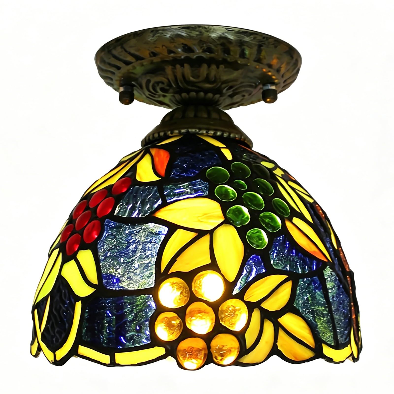 WDBZTJ Tiffany Style Mini Ceiling Light Flush Mount, 8 inch Stained Glass Hallway Ceiling Lamp, E27 Bulb, Vintage LED Chandeliers for Living Room Bedroom(B4)