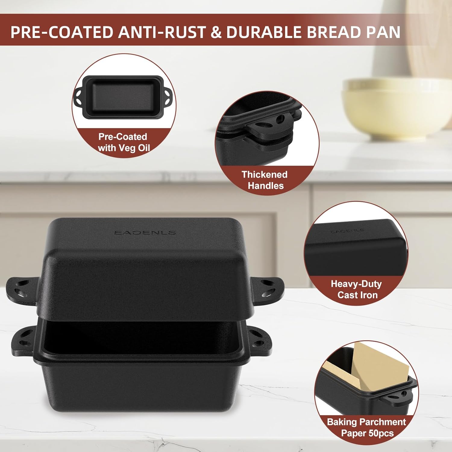 9×5 Inch Cast Iron Loaf Pan with Lid, 2-in-1 Bread Baking Pans for Homemade Bread, Pre-Seasoned | Even Heat Distribution, 2 Piece Set