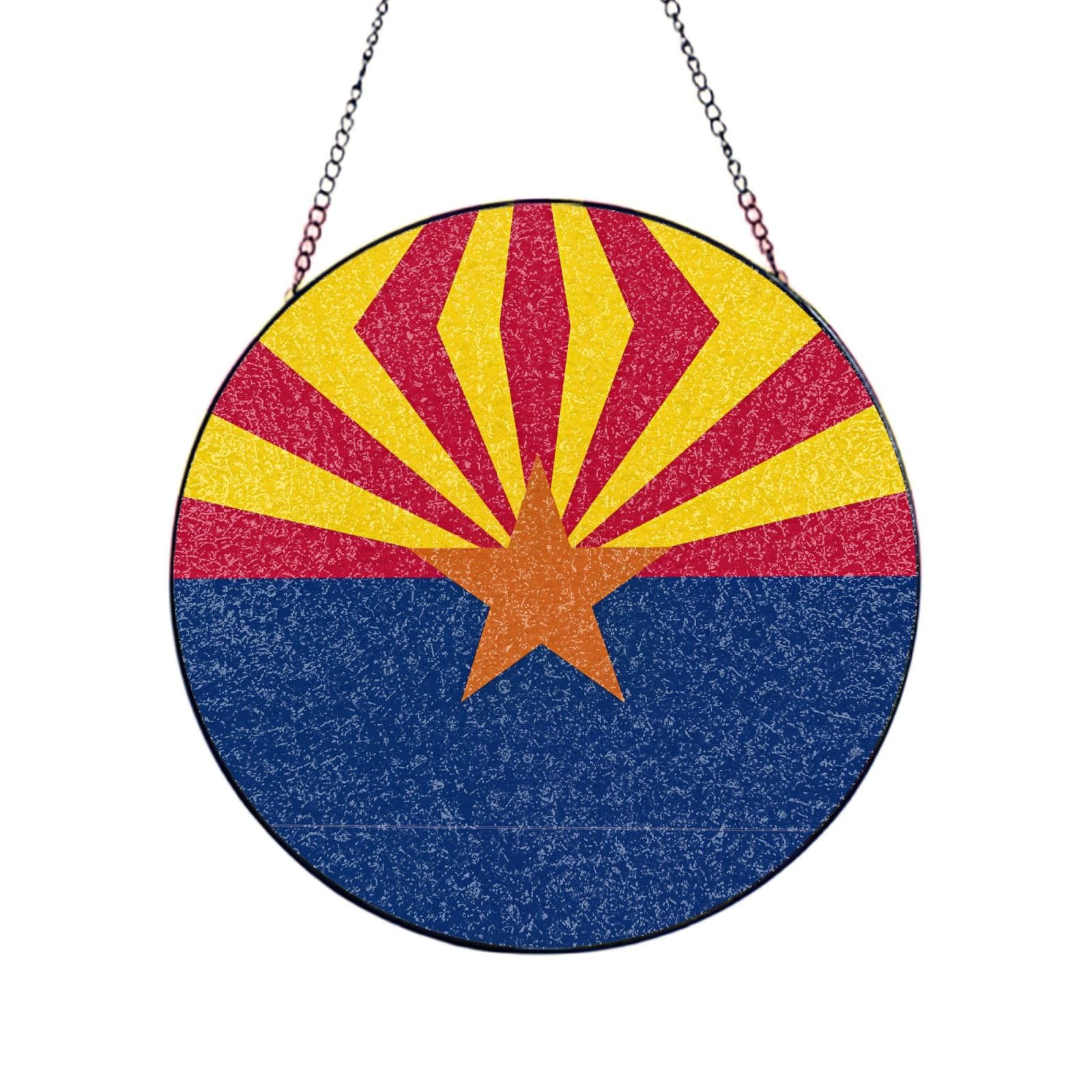 Phayah Arizona Flag Print Glass Window Hanging Round Suncatcher Glass Ornament Garden Wall Fence Decorations Indoor Outdoor 10in（25cm）