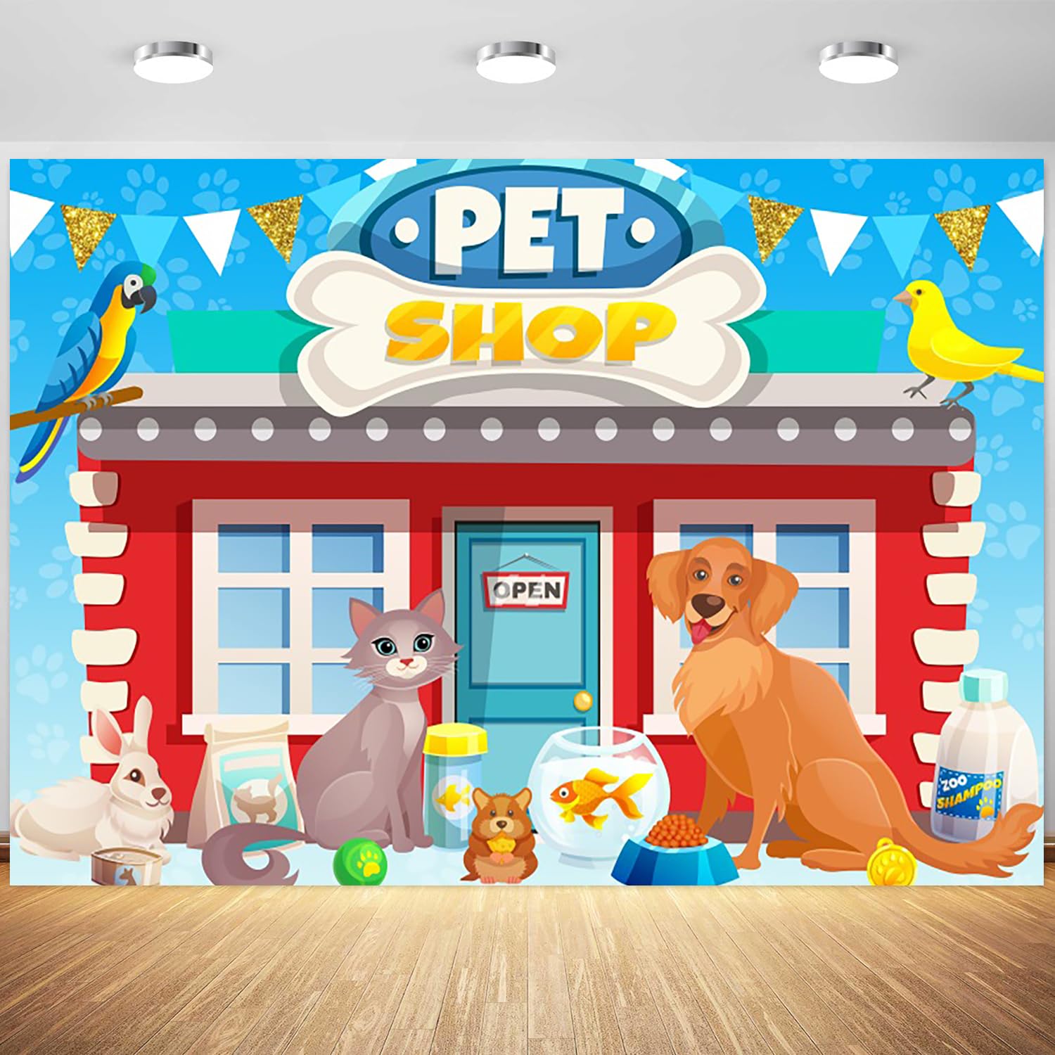 7x5ft Pet Shop Backdrop Cartoon Cats Dogs Birds Shop Photography Background Boys Girls 1st Birthday Party Decoration School Play Wallpaper Photo Booth
