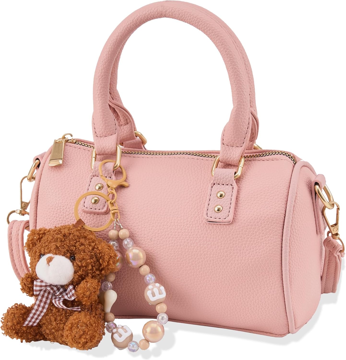 Small Boston Bag for Women, Cute Mini PU Leather Handbag with Bear Charm, Top Handle Satchel Purse Shoulder Bag Crossbody Bag