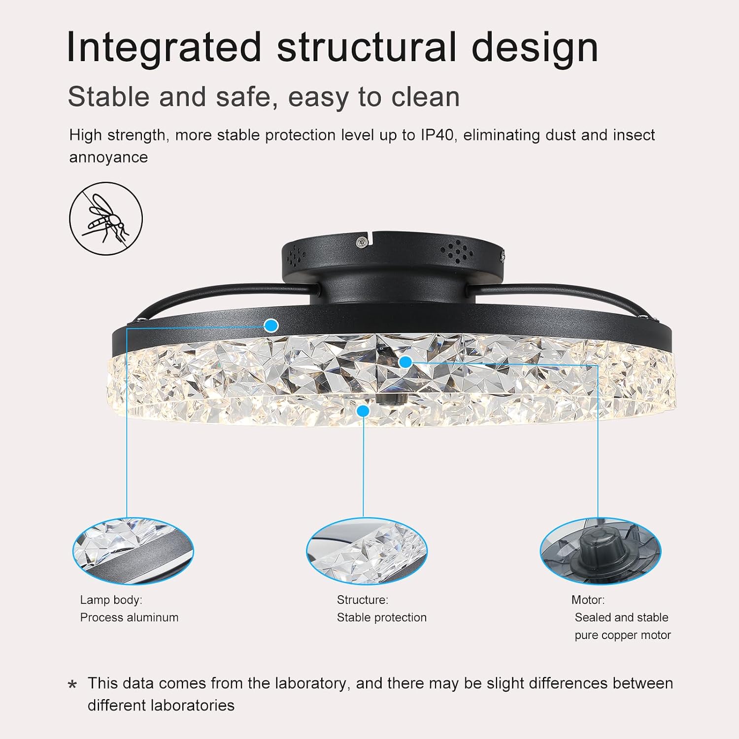 Crystal Ceiling Fan Light with Reversible Blades, 3-Speed Quiet Motor, Remote Control & Timer, Integrated LED Lighting for Bedroom, Living Room - Modern Black Finish (Black)