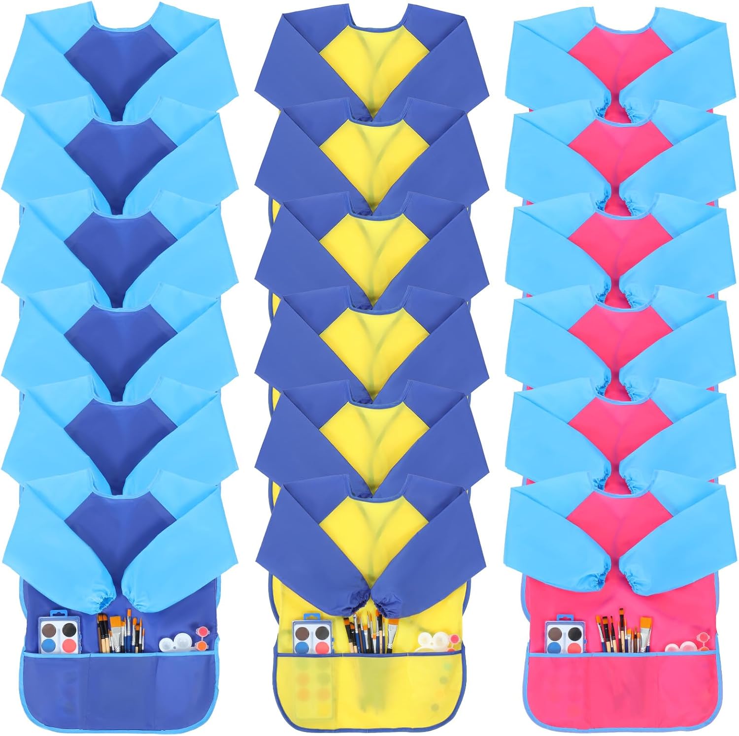 18 Pcs Kids Art Smock, Colorful Waterproof Toddler Painting Apron Reusable Children Artist Smock with Long Sleeve, 3 Pockets for Boys, Girls for Painting, Cooking, Handicrafts