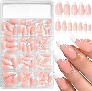 White French Tip Press on Nails Medium Almond Fake Nails, Glossy Almond Nails Press on Full Cover Acrylic French Tip Nails Medium False Nail Tips 240pcs Glue on Nails