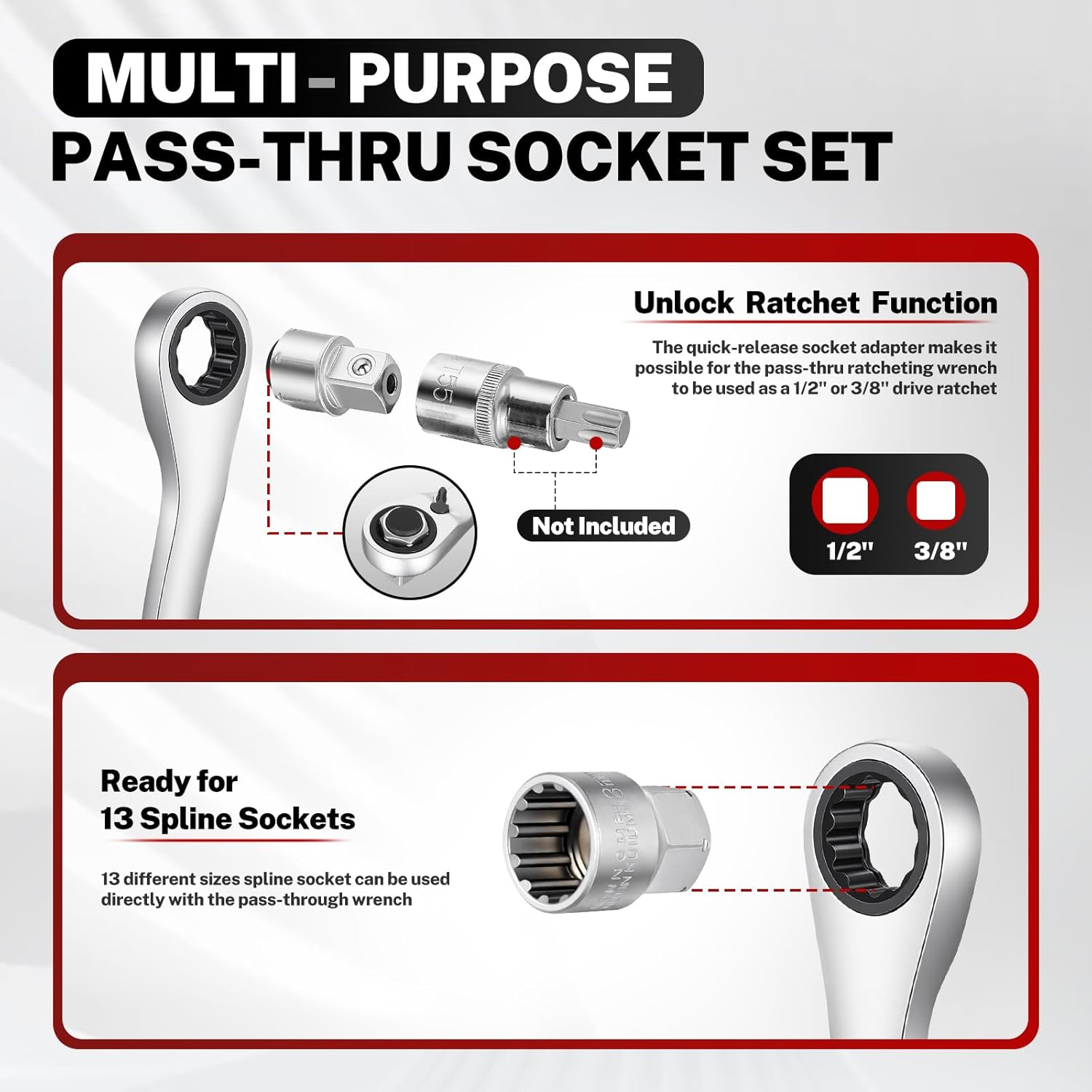 BILITOOLS 17PCS 3/8" & 1/2 Pass Through Socket Set, 2-In-1 Conversion For Standard Ratchet/Pass-Through Ratchet, Pass Thru Go Through Mechanics Tools Set For Hex, Square, E-Torx, Spline
