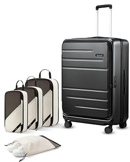 LUGGEX Checked Suitcase with Spinner Wheels and Travel Packing Cubes Bundle,FLO5 Top Opening Expandable Polycarbonate Hard Shell Suitcase (FX-Core, Black, 28 Inch) - Amazon product rated Grade B