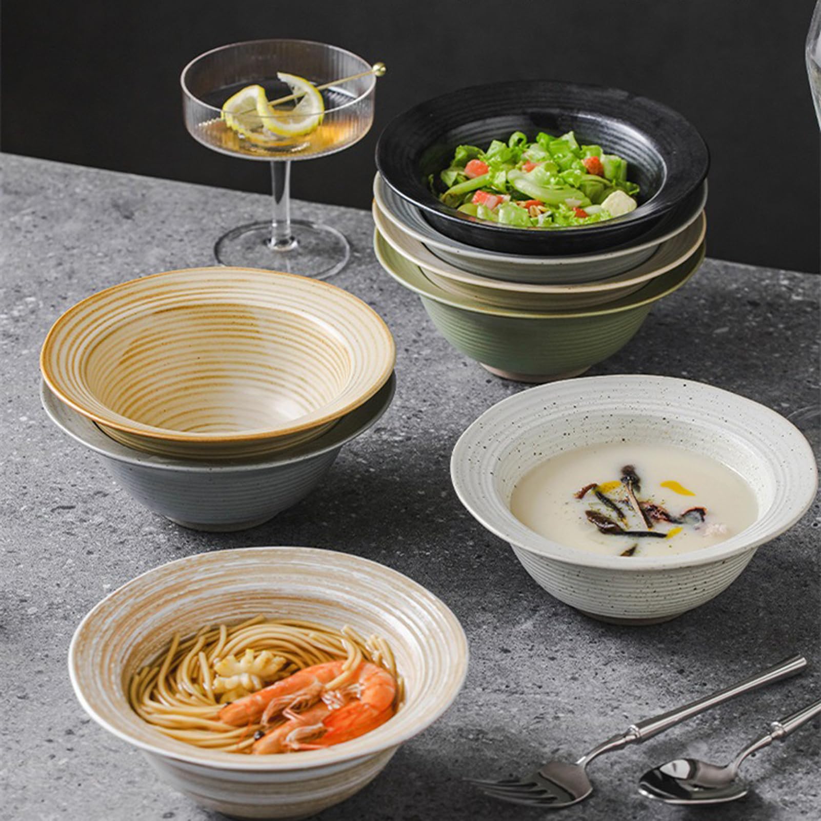 Japanisches Ramenschüssel-Set aus Keramik, 4 Stück, 450 ml, mikrowellengeeignet, kreatives Geschenk für Obst, Salat, Gemüse, Nudeln, Retro-Suppen- und Müslischalen