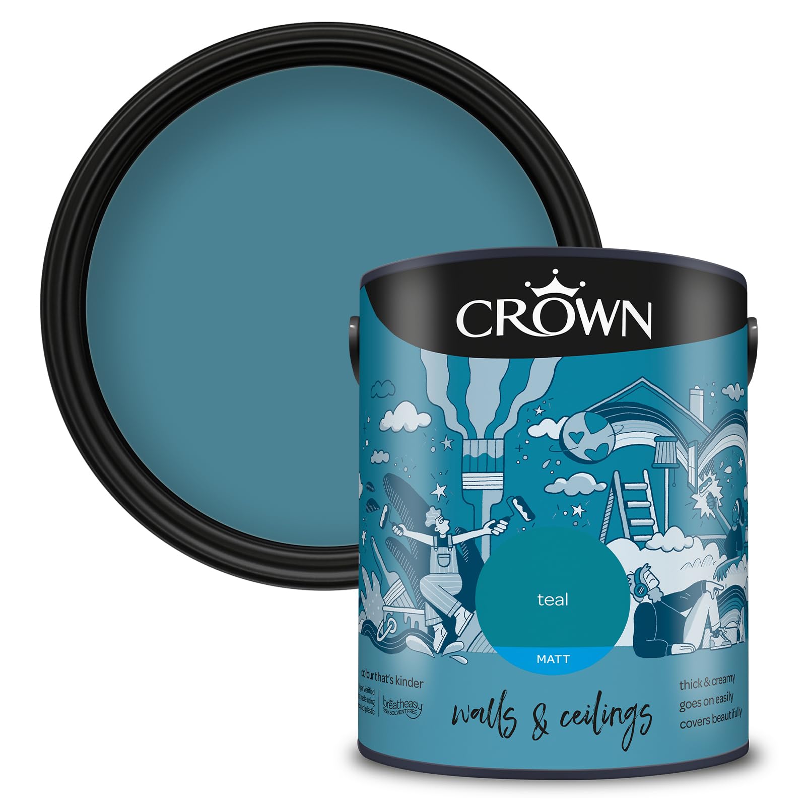 Crown Teal - Matt Emulsion Paint for Walls and Ceilings - Rich Teal Finish - Ceiling and Bedroom - Water Based, Quick Dry, Low Odour Paint - 5L