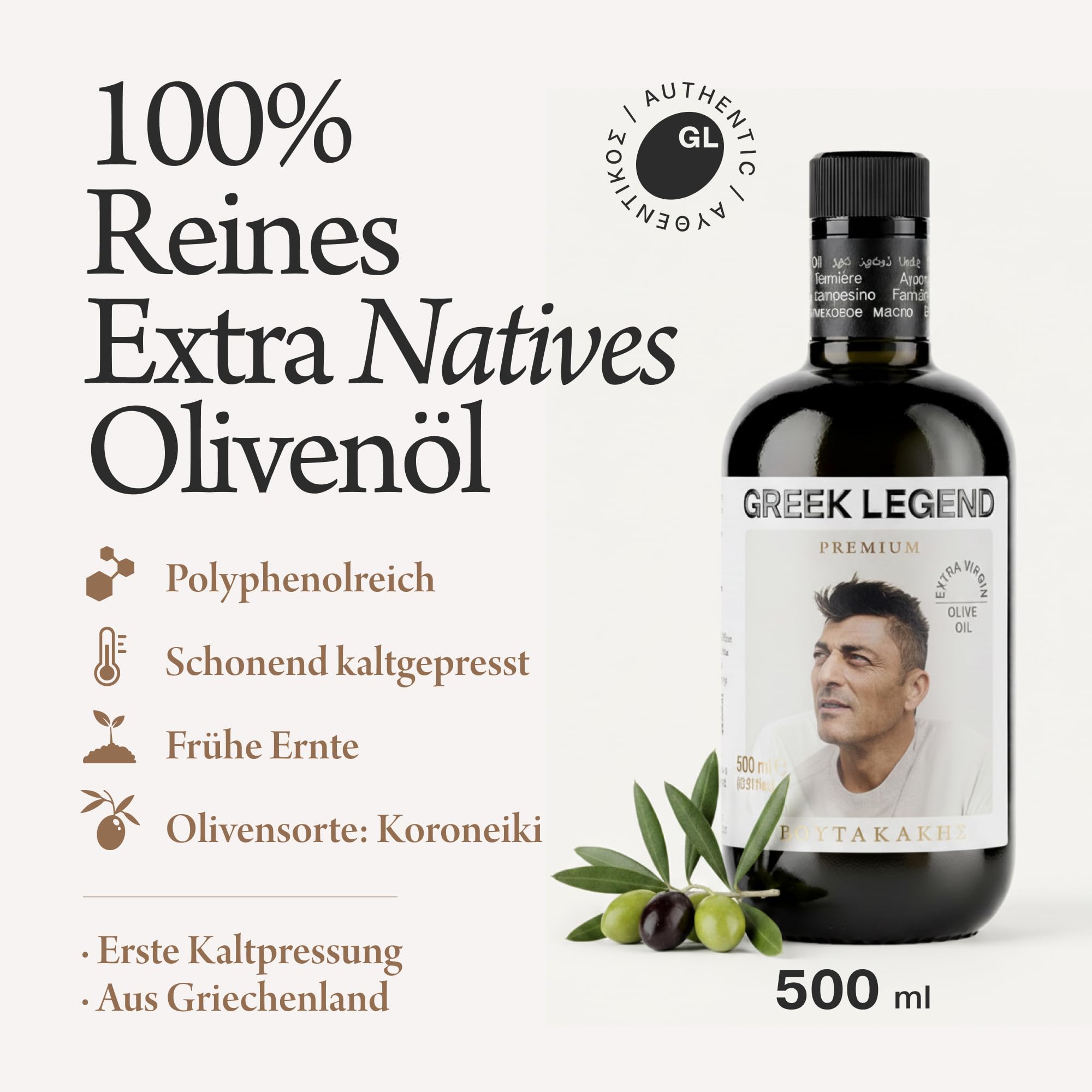 GREEK LEGEND Premium Olivenöl Extra Nativ aus Kreta - Olive Oil Extra Virgin - Griechisches Olivenöl, 100% Kaltgepresst, Ungefiltert, Reich an Polyphenolen, 500 ml Glasflasche