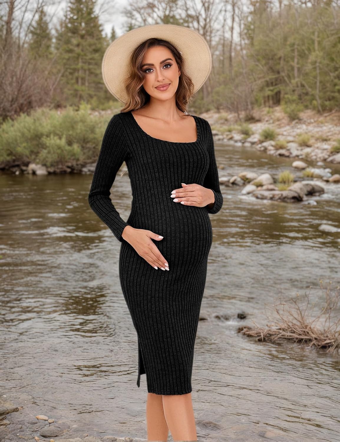 Long Sleeve Maternity Sweater Dress for Fall Winter, Knit Ribbed Maternity Bodycon Dress - Image 5