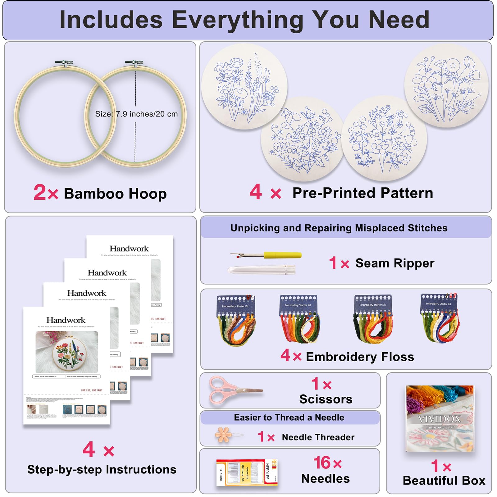 VIVIDOX 4 Sets Embroidery Kit for Beginners with Stitch Video, Flower Cross Stitch Kits for Adult, Hand Craft Lover, Starter Practice with Floral Stamped Pattern, 2 Hoops, 16 Needles, Scissors & Tools