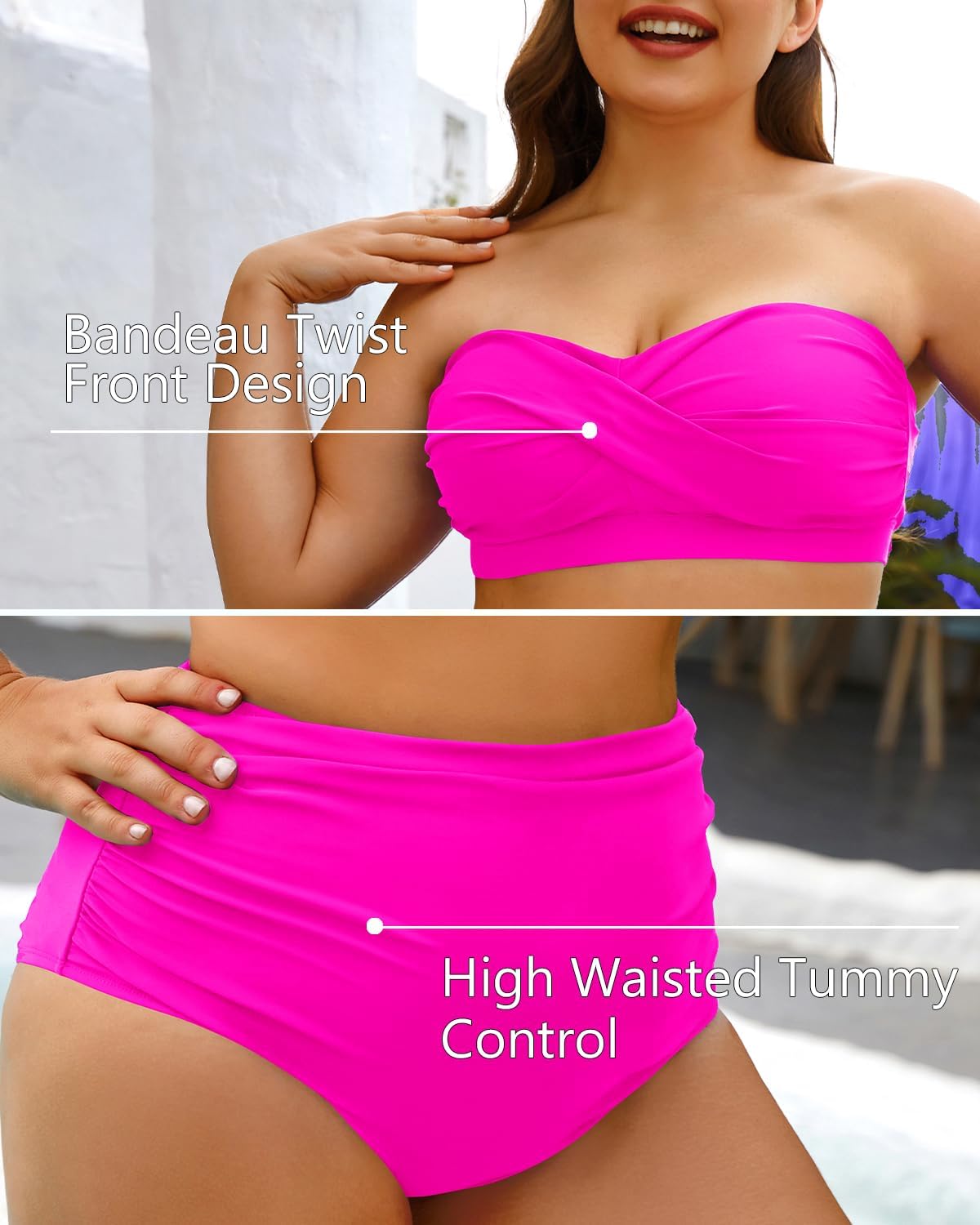 Yonique Women Plus Size Two Piece Swimsuits High Waisted Bathing Suits Bandeau Bikini Tummy Control Swimwear - Image 4