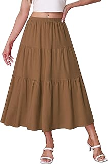 Women's Boho Midi Skirt A-Line Ruffle Elastic High Waist Tiered Flowy Sk...